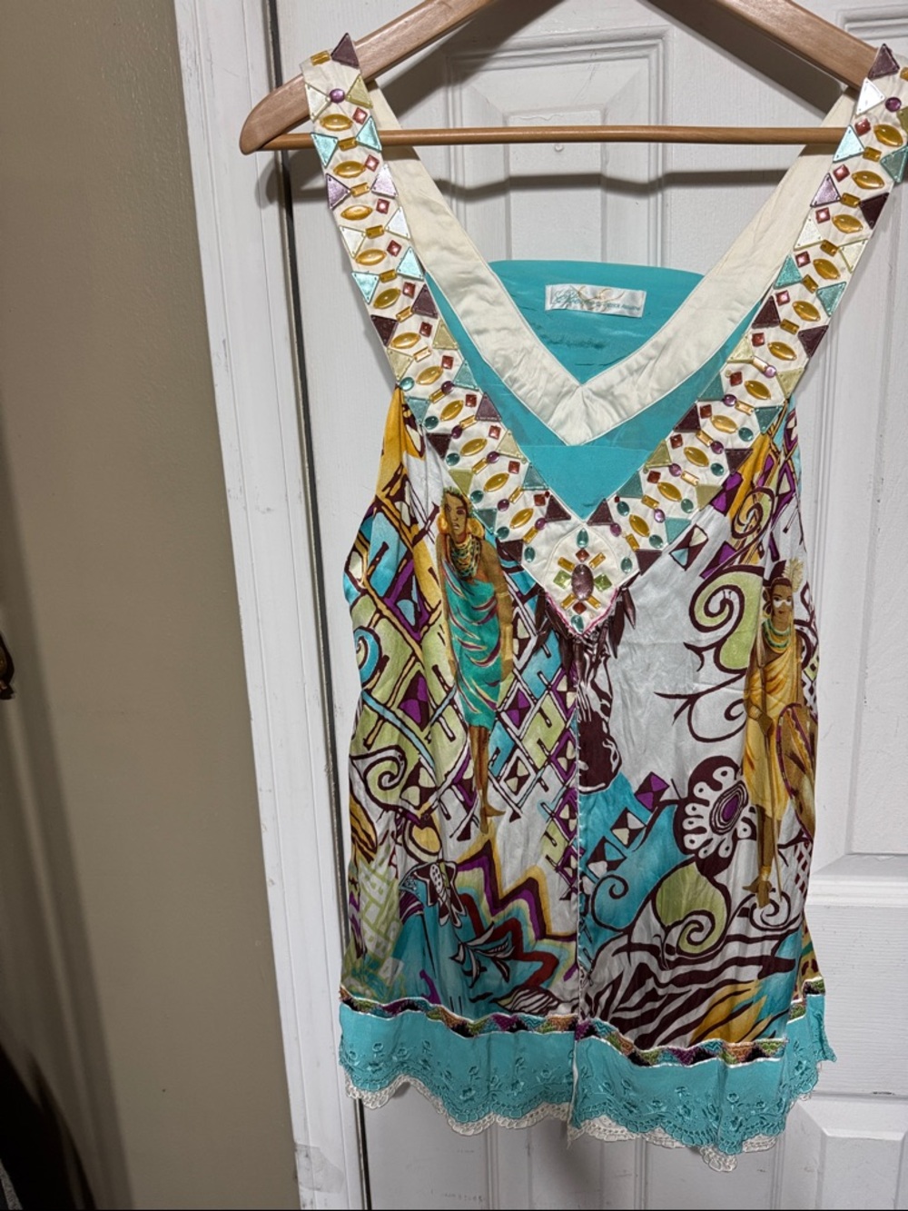 Silk Embellished V-Neck Printed Tank Top - Turquoise Multi c 18”